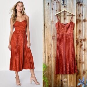 🌿 Rust Orange Floral Bustier Pleated Satin Slip Midi Dress 🌿